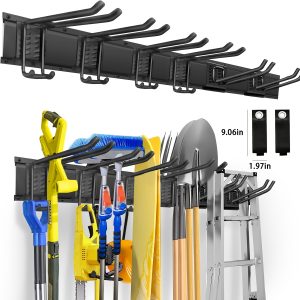 Garden Tool Organizer Wall Mount, Heavy Duty 48 Inches Garage Organization And Storage Racks For Yard Tools With 6 Hooks(4Big And 2Small), Tool Hangers Holders For Hanging Folding Chair, Rake And Shovel, A Gift For The Family
