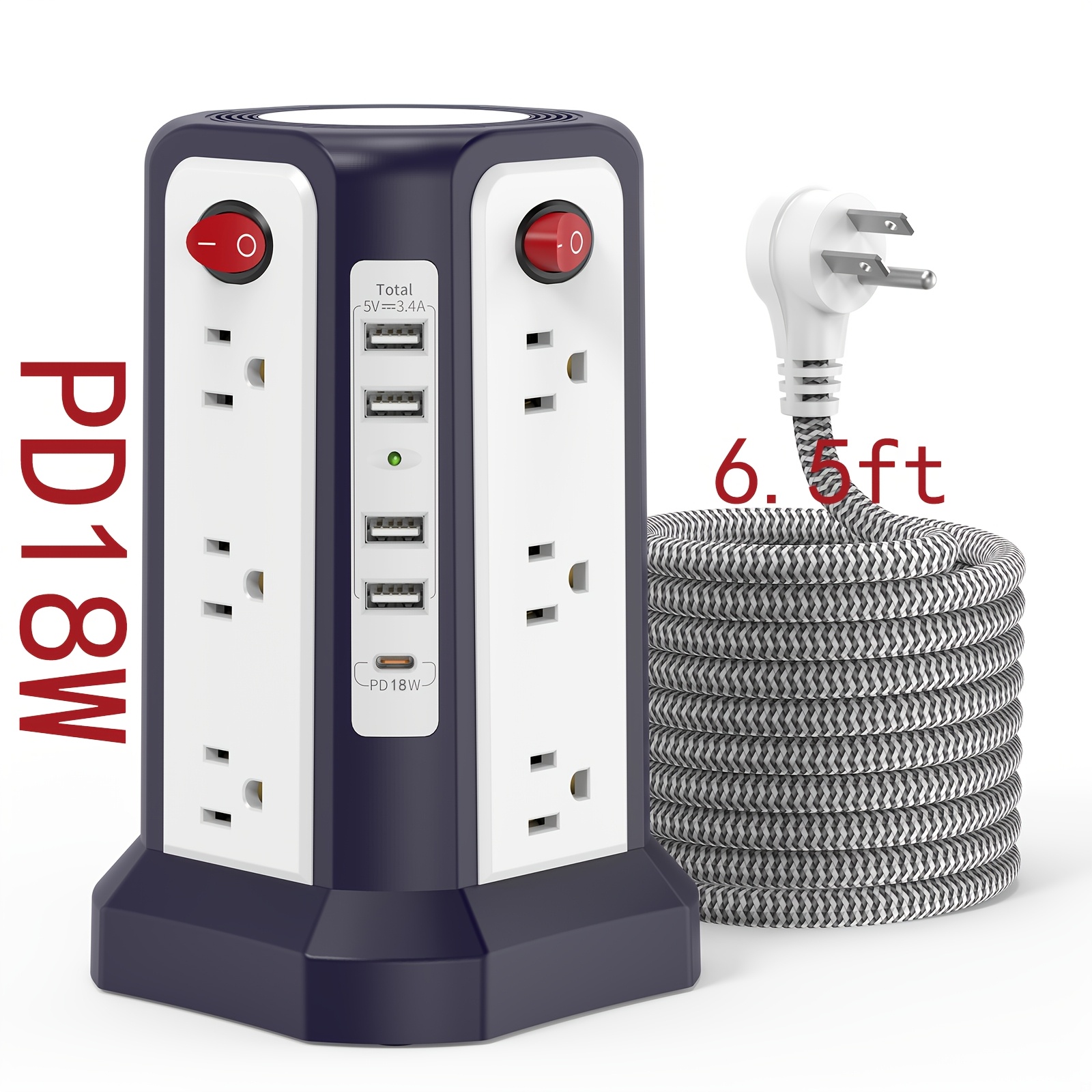 10ft/6ft Extension Cord with Multiple Outlets, 17in 1 Surge Protector, Power Board with USB Ports, 5 USB Interfaces, PD18W/20W Fast Charging, with A Night Light Multi Plug Outlet Charging Station, Suitable for Home Office And Dormitory Use - Image 14