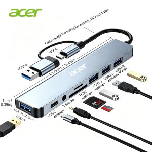 Acer USB Hub Compatible for PC/Laptop/Tablet/Smartphone, Plug & Play USB-C Expansion Dock with Multi-Port Hub, Portable USB-C Adapter Suitable for USB- Devices, SD/TF Card Reader, USB-C Expansion Station for Smartphones, Tablets, PCs