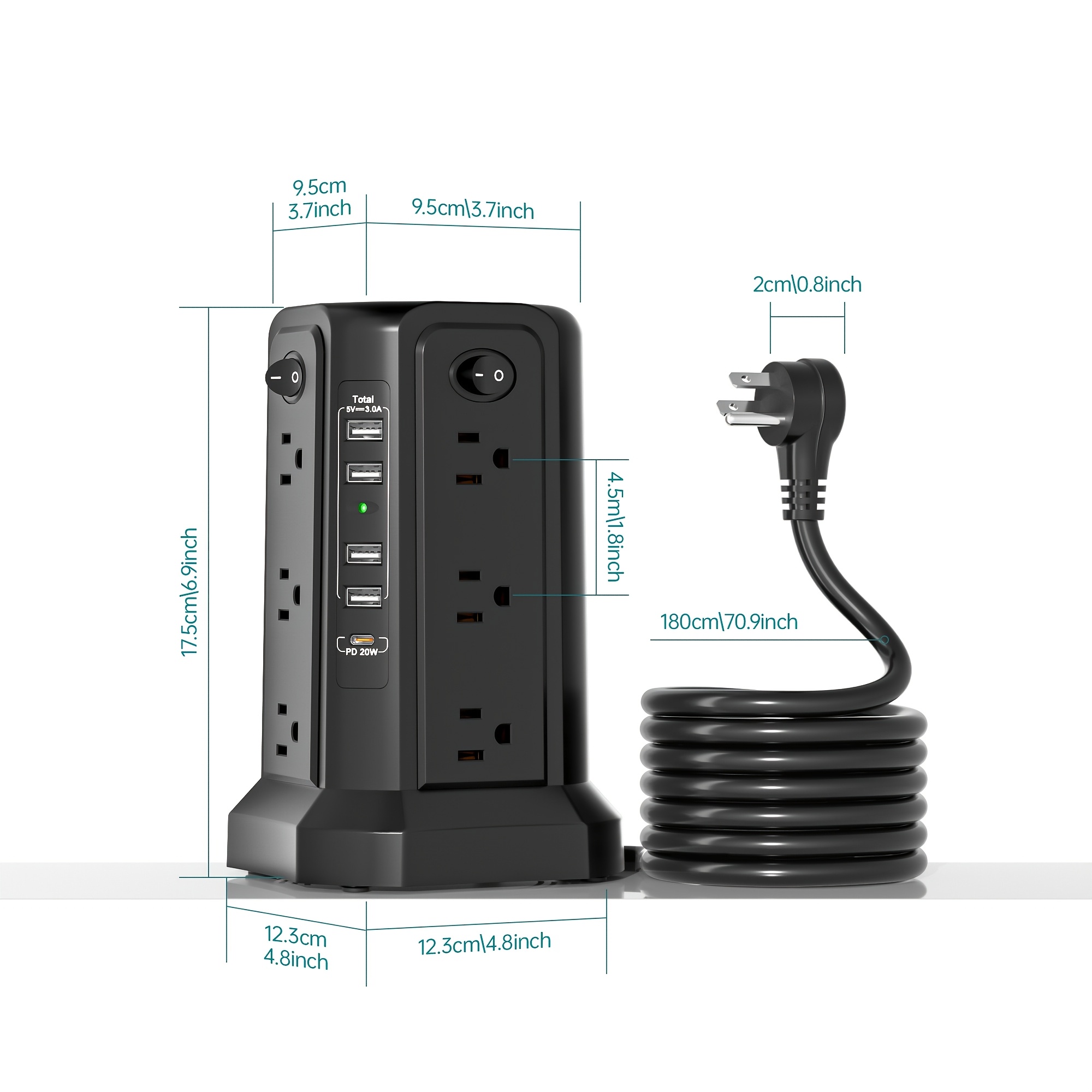 10ft/6ft Extension Cord with Multiple Outlets, 17in 1 Surge Protector, Power Board with USB Ports, 5 USB Interfaces, PD18W/20W Fast Charging, with A Night Light Multi Plug Outlet Charging Station, Suitable for Home Office And Dormitory Use - Image 4
