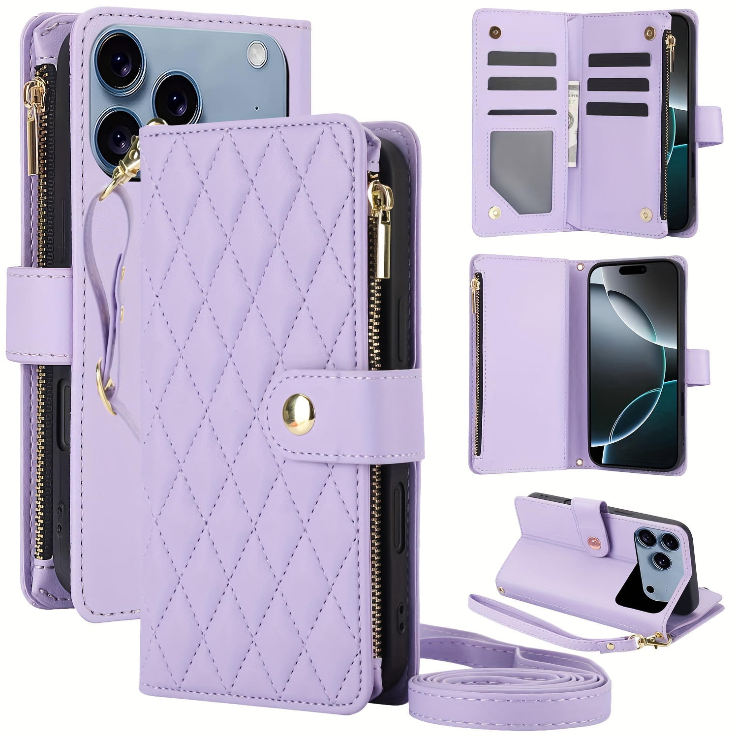 Wallet Case for iPhone 17/ 16e/ 16/ 15/ 14/ 13/ 12/ 11 Pro Max/ XR/ X/ XS/ XS Max/ 16 Plus/ 12 Mini/ 13 Mini/ SE 2020/ SE 2022/ Air 2025, Adjustable Crossbody Zipper Purse Case Card Holder with Kickstand Detachable Wrist Strap, Flip Folio Case - Image 44