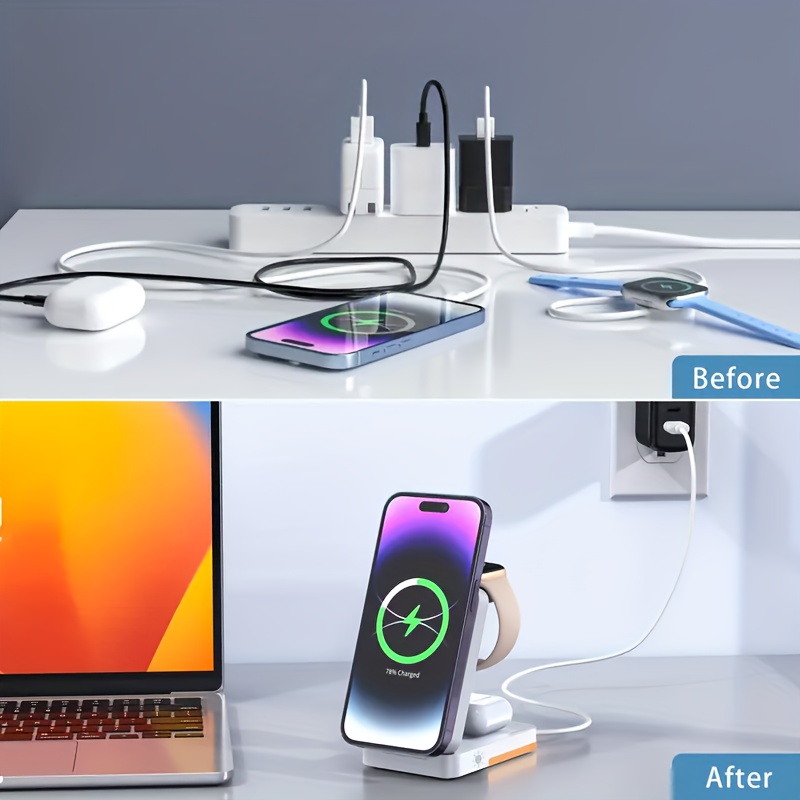 3-In-1 Fast Wireless Charging Station, 15W Foldable Charger Stand, for Iphone 15/14/13/12/11/Pro/Max/Mini/Plus/X/Xr/Xs/Max/Se/8/Plus, Iwatch 1-9, Airpods 3/2/Pro - USB Connector, Lightweight Design, USB Power, Efficient Charging, Compact Design