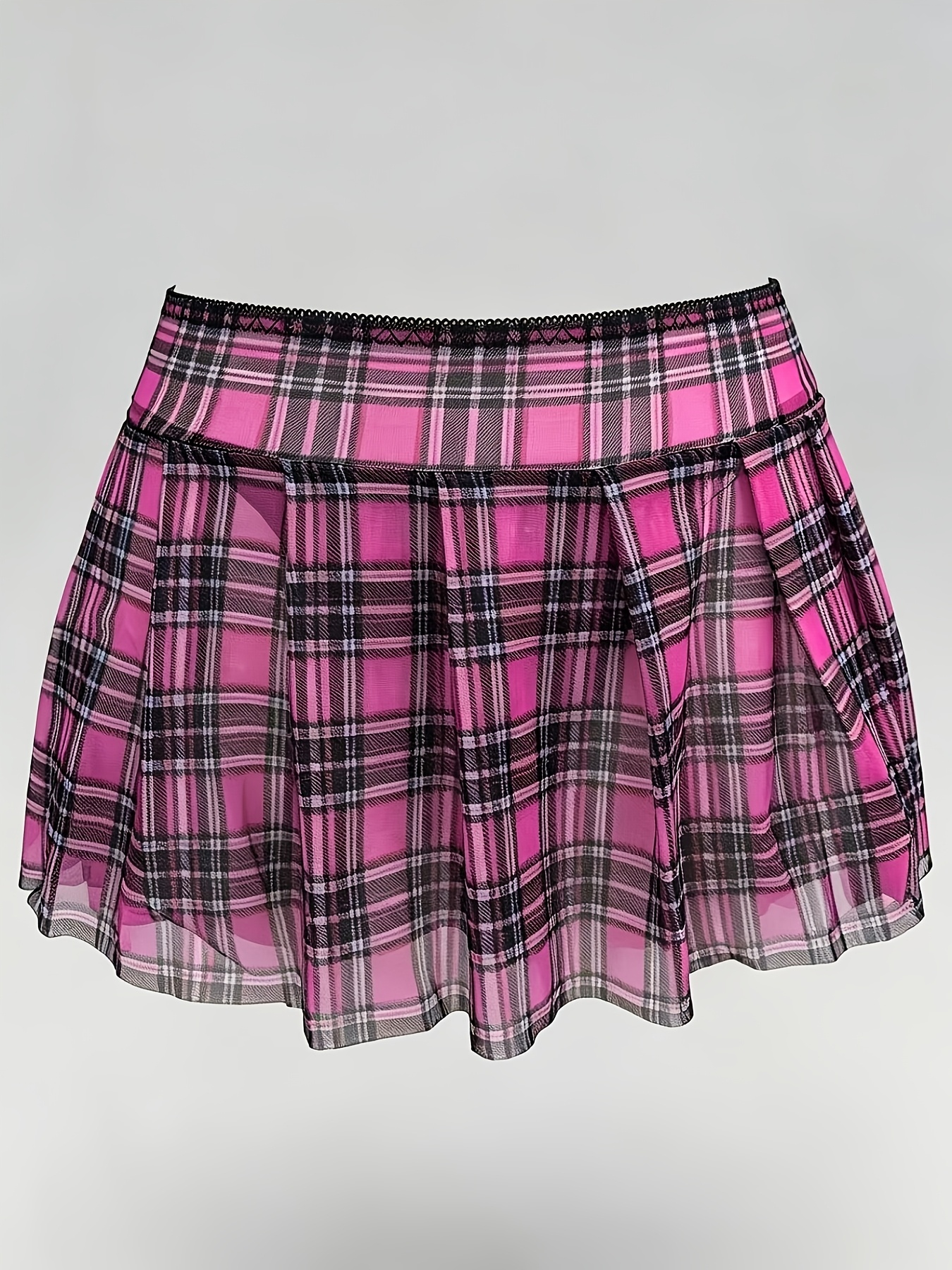 Spicy Style Color-Block Plaid Sheer Mesh Mini Skirt, Low-Waist Sexy Pleated Mini Skirt, Can Be Worn as a Layer or Outerwear, Includes Free Underwear - Image 4