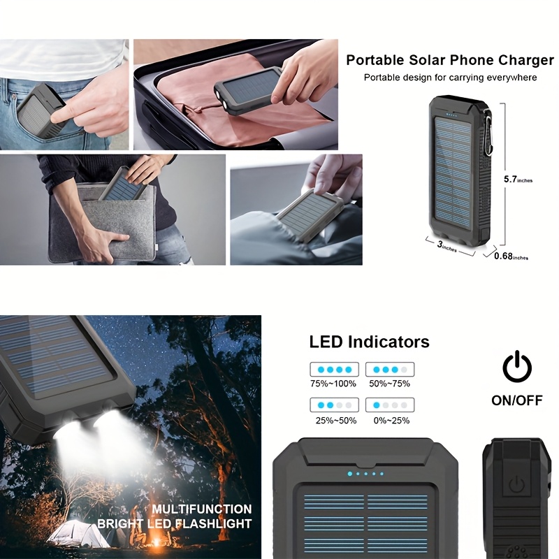 20000Mah Solar Power Bank, Solar Charger, Outdoor High-Capacity Battery Pack, Usb/Usb-C/Micro USB, Compatible with All Phones, Fast Charging, Dual LED Flashlight Compatible with Outdoor And Camping, Compass And Backpack Hook, Portable Power Bank