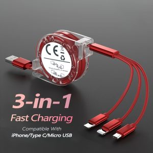Retractable Multi Fast Charging Cord, 3-In-1 Multi Charger Cable Charging Cable, Retractable Charger with Lightning/Micro/Type C for Iphone, Ipad, Samsung, PS, Tablets And More