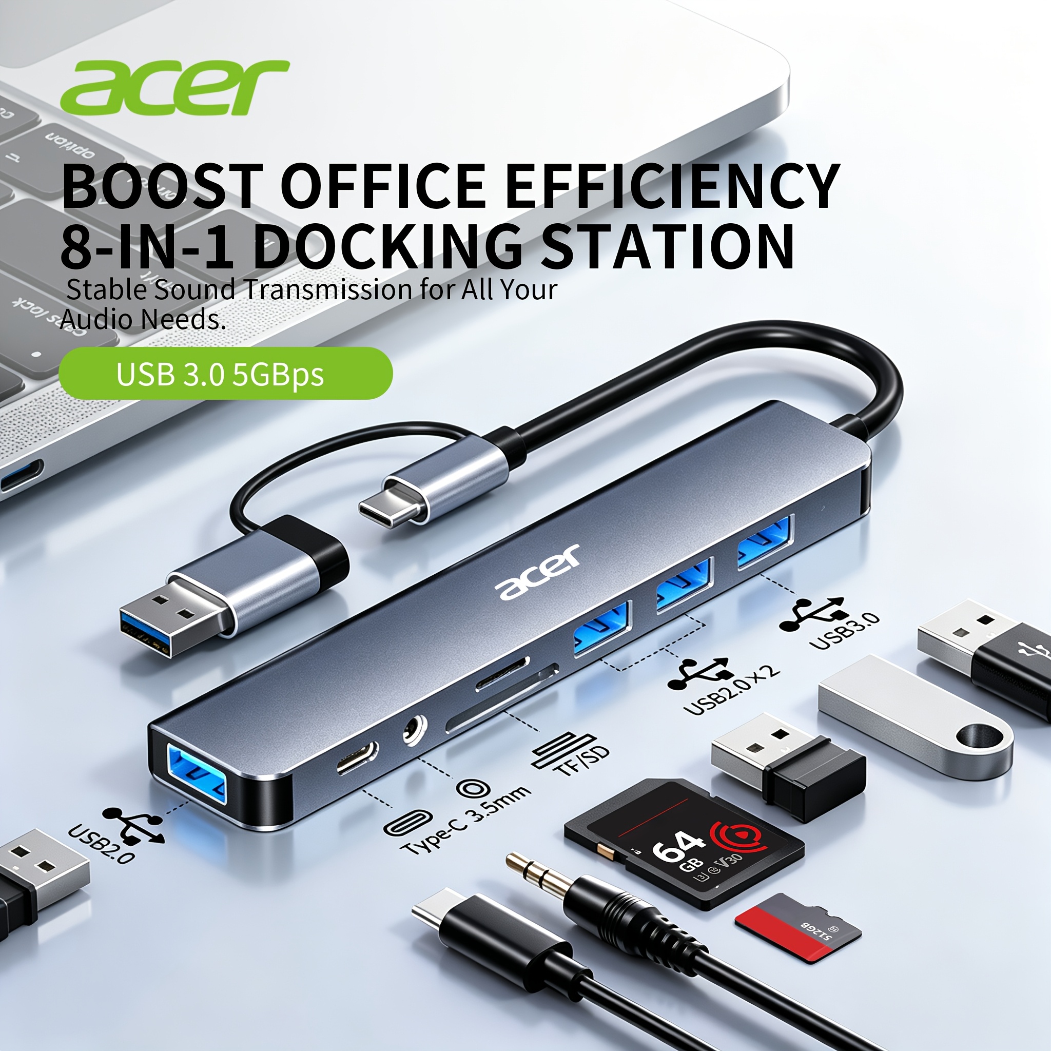Acer USB Hub Compatible for PC/Laptop/Tablet/Smartphone, Plug & Play USB-C Expansion Dock with Multi-Port Hub, Portable USB-C Adapter Suitable for USB- Devices, SD/TF Card Reader, USB-C Expansion Station for Smartphones, Tablets, PCs