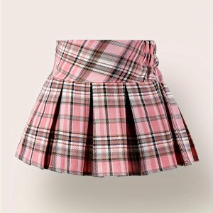 Girls' College Plaid Style Pleated Mini Skirt - A-Line Checkered School Uniform Skirt with Elastic Waistband, Machine Washable for Spring Summer Fall, Party & Casual Attire