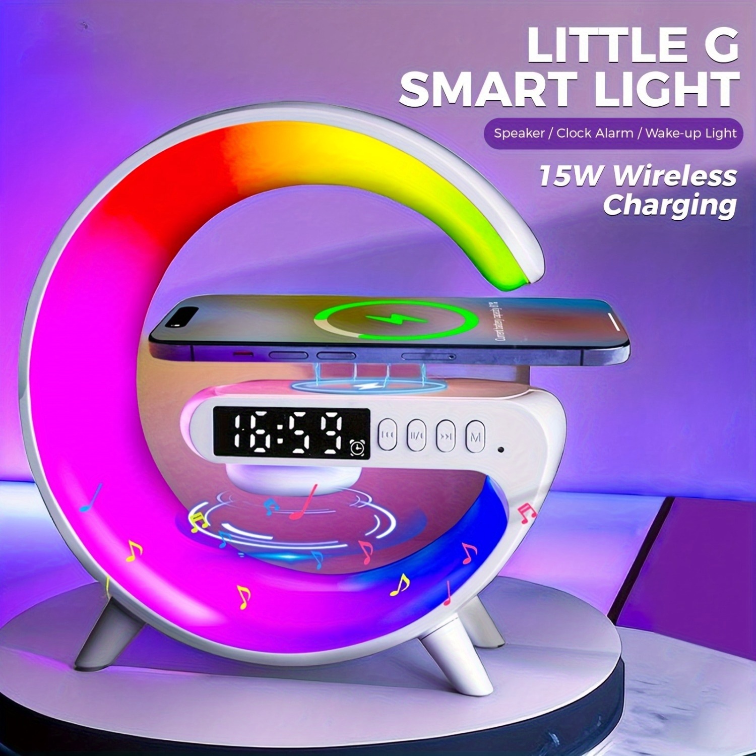 Multi-Function Wireless Charger Stand Fast Wireless Charging Station for iPhone 17 16 15 for Samsung HD Audio Subwoofer Portable Wireless Speaker Alarm Clock Colour LED Night Light RGB Light Bedside Lamp Christmas And Halloween Gifts