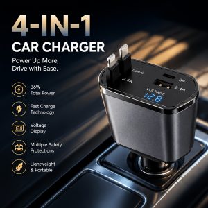 W&O Smart Voltage Display 4-In-1 Car Charger, with 2pcs 60Cm/23.62Inch Retractable Charging Cables, Equipped with USB-A And USB-C Ports, Supporting Super Fast Charging, Compatible for Iphone, Android, Tablet, Airpods, Dash Cam, Etc, Without Battery