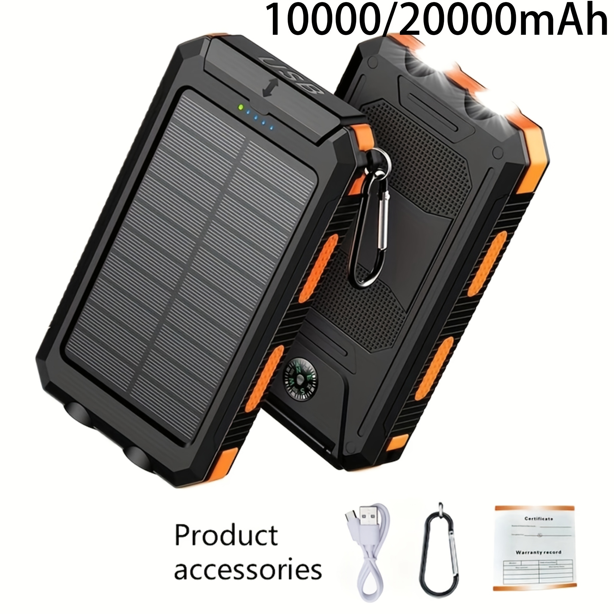 10000/20000Mah Solar Power Bank, External Backup Battery Pack with USB C Input/Output/Led Flashlight, Compatible with Samsung, Ipad, Suitable for Outdoor And Camping Quick Charger with Dual USB Ports, Built-In LED And Compass, Compatible with All - Image 2