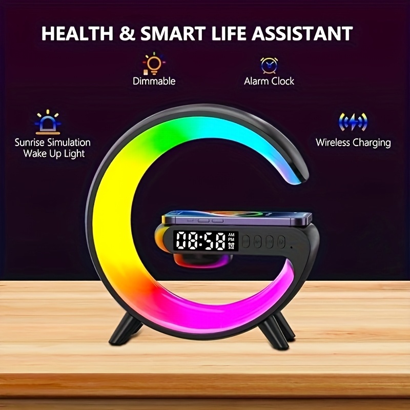 Multi-Function Wireless Charger Stand Fast Wireless Charging Station for iPhone 17 16 15 for Samsung HD Audio Subwoofer Portable Wireless Speaker Alarm Clock Colour LED Night Light RGB Light Bedside Lamp Christmas And Halloween Gifts