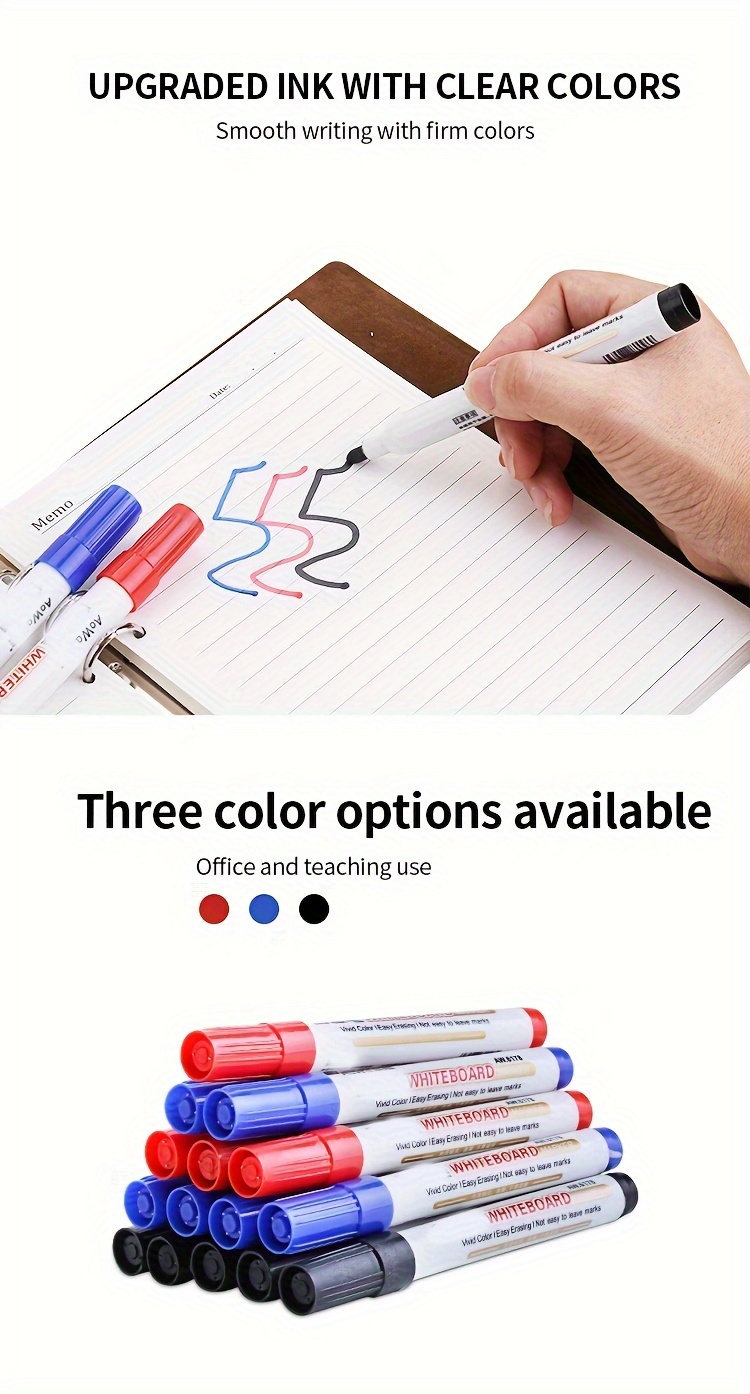 10 Erasable Whiteboard Pens, Large Capacity, for Teachers, Blackboard, Drawing Board, Black And Colored, Easy to Erase