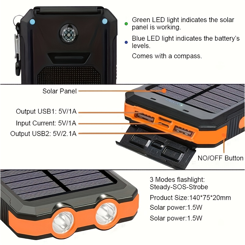 Solar Charger, 10000mAh Solar Mobile Power Bank, External Spare Battery Pack with USB C Input/output/LED Flash, Compatible with Samsung, iPad, Outdoor, Camping with Dual USB Ports Built-in LED and Compass, Suitable for All Phones - Image 4
