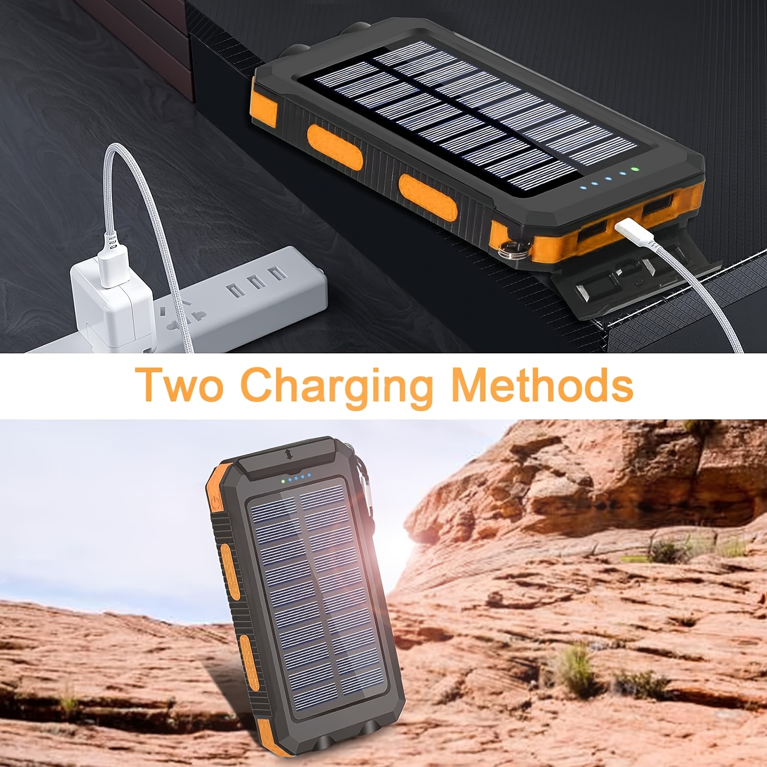 Solar Charger, 10000mAh Solar Mobile Power Bank, External Spare Battery Pack with USB C Input/output/LED Flash, Compatible with Samsung, iPad, Outdoor, Camping with Dual USB Ports Built-in LED and Compass, Suitable for All Phones