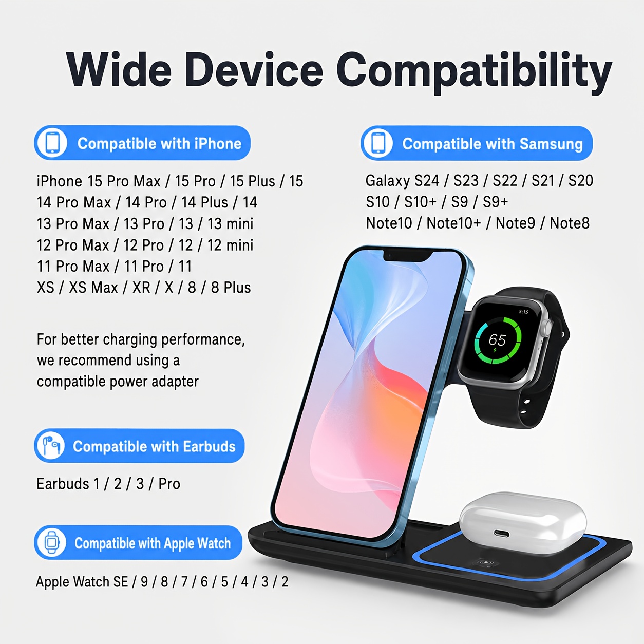 15W Foldable 3-in-1 Wireless Charging Station, Multi-Device Charging Stand for Phones, Smart Watches, and Wireless Earbuds, Portable Desktop Fast Charging Base. Compatible with iPhone 17/16/15/14/13/12/11 Series, Apple Watch Series 2-9/SE/Ultra