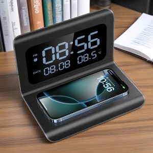 3in 1 Wireless Charger, Time Temperature Display, Alarm Clock for Bedroom Desk, Charging Dock Station for iPhone 16 15 14 13 12 11 Pro Max/Mini/Plus/XR/X/8 AirPods 2/3/4/Pro/Pro 2, AirPods 4/3/Pro/2, for Samsung S25/S23/S22/S21/S20/, Buds