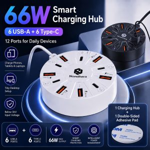 66W 12-Port USB And Type-C Charging Hub Combo Set (6+6) Adhesive Pad And Desktop Fast Charging Station Bundle for Home, Office, And Daily Multi-Device Use