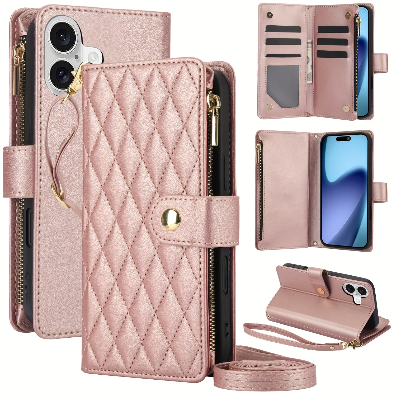 Wallet Case for iPhone 17/ 16e/ 16/ 15/ 14/ 13/ 12/ 11 Pro Max/ XR/ X/ XS/ XS Max/ 16 Plus/ 12 Mini/ 13 Mini/ SE 2020/ SE 2022/ Air 2025, Adjustable Crossbody Zipper Purse Case Card Holder with Kickstand Detachable Wrist Strap, Flip Folio Case - Image 48