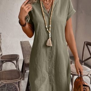 Elegant Style 2025 European and American Summer New Solid Color V-Neck Button Loose Fit Casual Dress