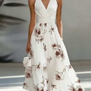 Women'S New V-Neck Backless Ruched Dress, Contrast Color Patchwork Floral Print Flared Long Dress, Fashionable Elegant Commute Vacation, Street Trendy, Date Party, Daily Wear Light Luxury Bridesmaid Dress Gown, Suitable for Spring Summer