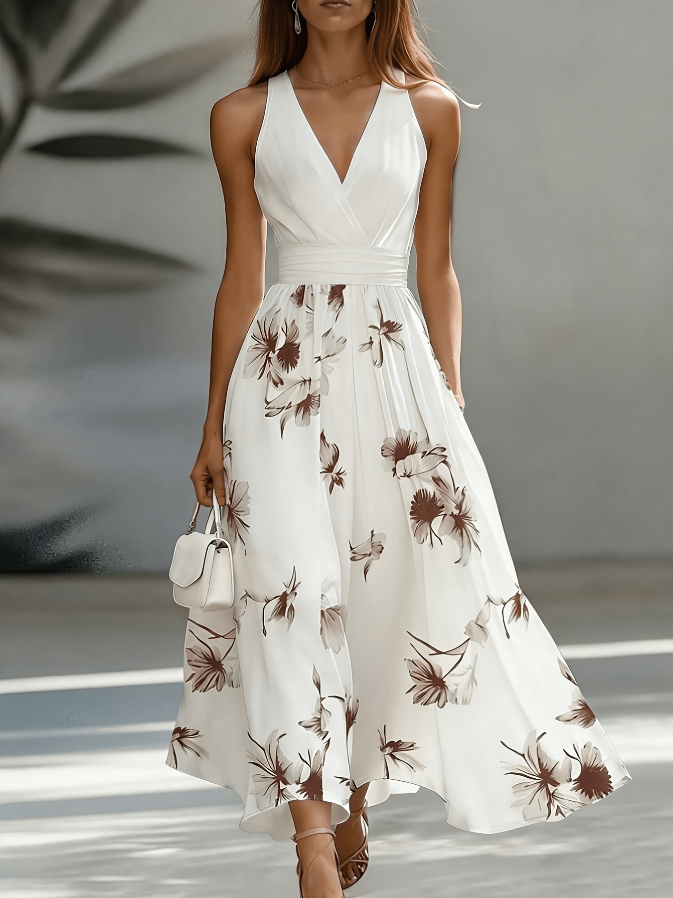 Women'S New V-Neck Backless Ruched Dress, Contrast Color Patchwork Floral Print Flared Long Dress, Fashionable Elegant Commute Vacation, Street Trendy, Date Party, Daily Wear Light Luxury Bridesmaid Dress Gown, Suitable for Spring Summer