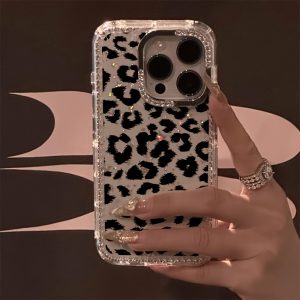 Phone Case: Black Leopard Print Luxury Rhinestone Fashion Phone Case, Transparent Sparkling Crystal Border Star Case, Drop-Proof Cover, Suitable for iPhone 17 Pro Max, 17 Air, 16, 15, 14 Plus, 13, 12, 11, Christmas Gift, New Year Gift, Easter Gift