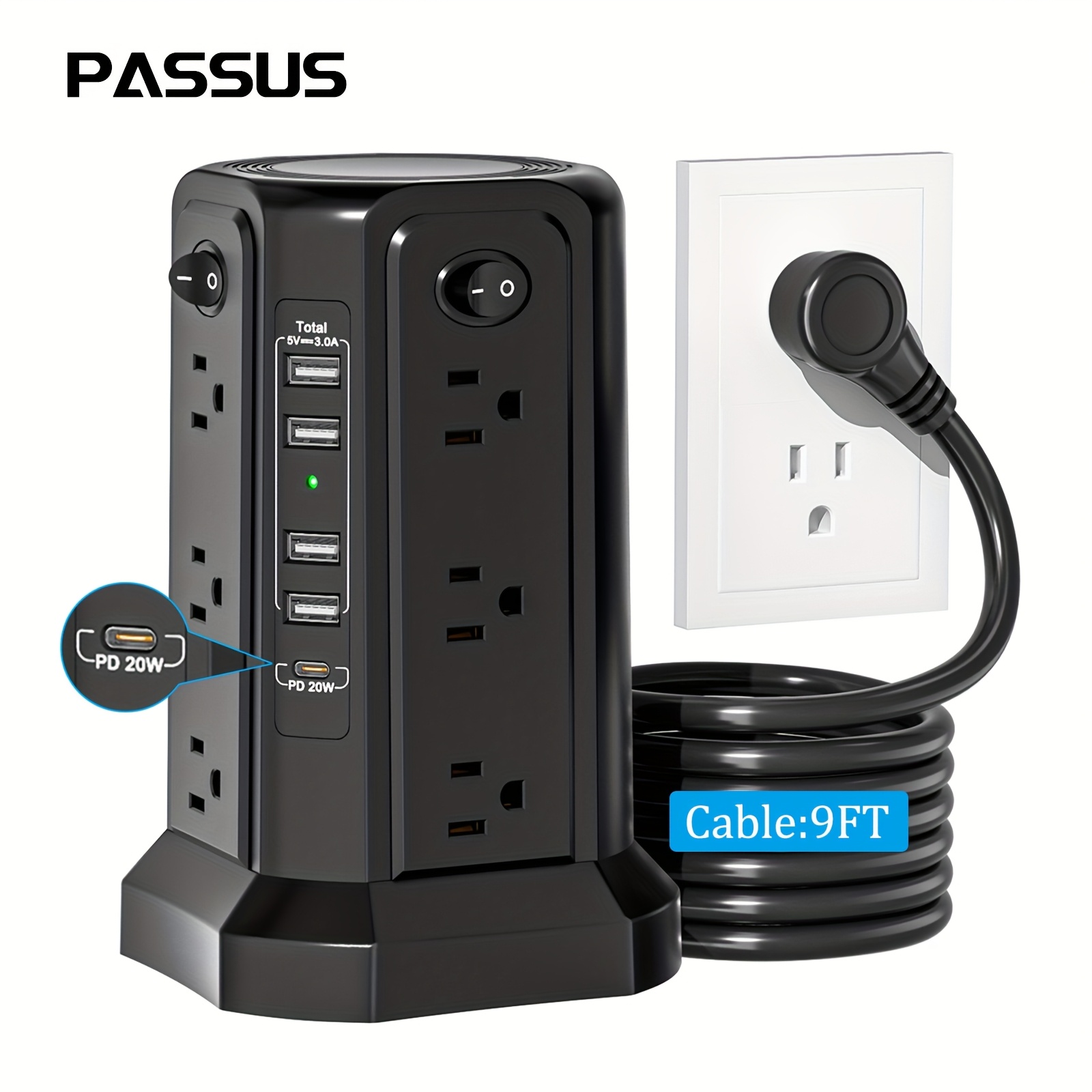 10ft/6ft Extension Cord with Multiple Outlets, 17in 1 Surge Protector, Power Board with USB Ports, 5 USB Interfaces, PD18W/20W Fast Charging, with A Night Light Multi Plug Outlet Charging Station, Suitable for Home Office And Dormitory Use