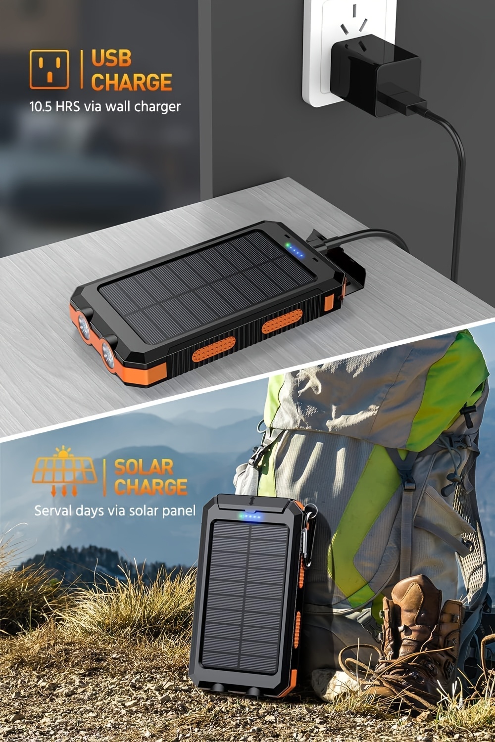 10000/20000Mah Solar Power Bank, External Backup Battery Pack with USB C Input/Output/Led Flashlight, Compatible with Samsung, Ipad, Suitable for Outdoor And Camping Quick Charger with Dual USB Ports, Built-In LED And Compass, Compatible with All