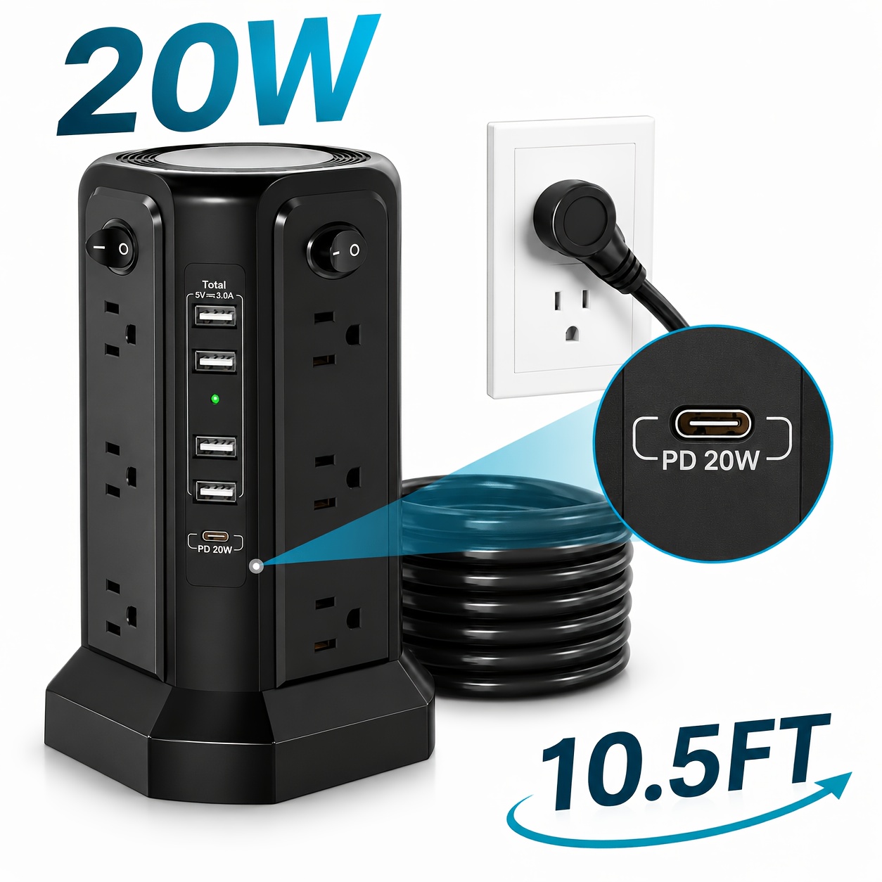 10ft/6ft Extension Cord with Multiple Outlets, 17in 1 Surge Protector, Power Board with USB Ports, 5 USB Interfaces, PD18W/20W Fast Charging, with A Night Light Multi Plug Outlet Charging Station, Suitable for Home Office And Dormitory Use - Image 2