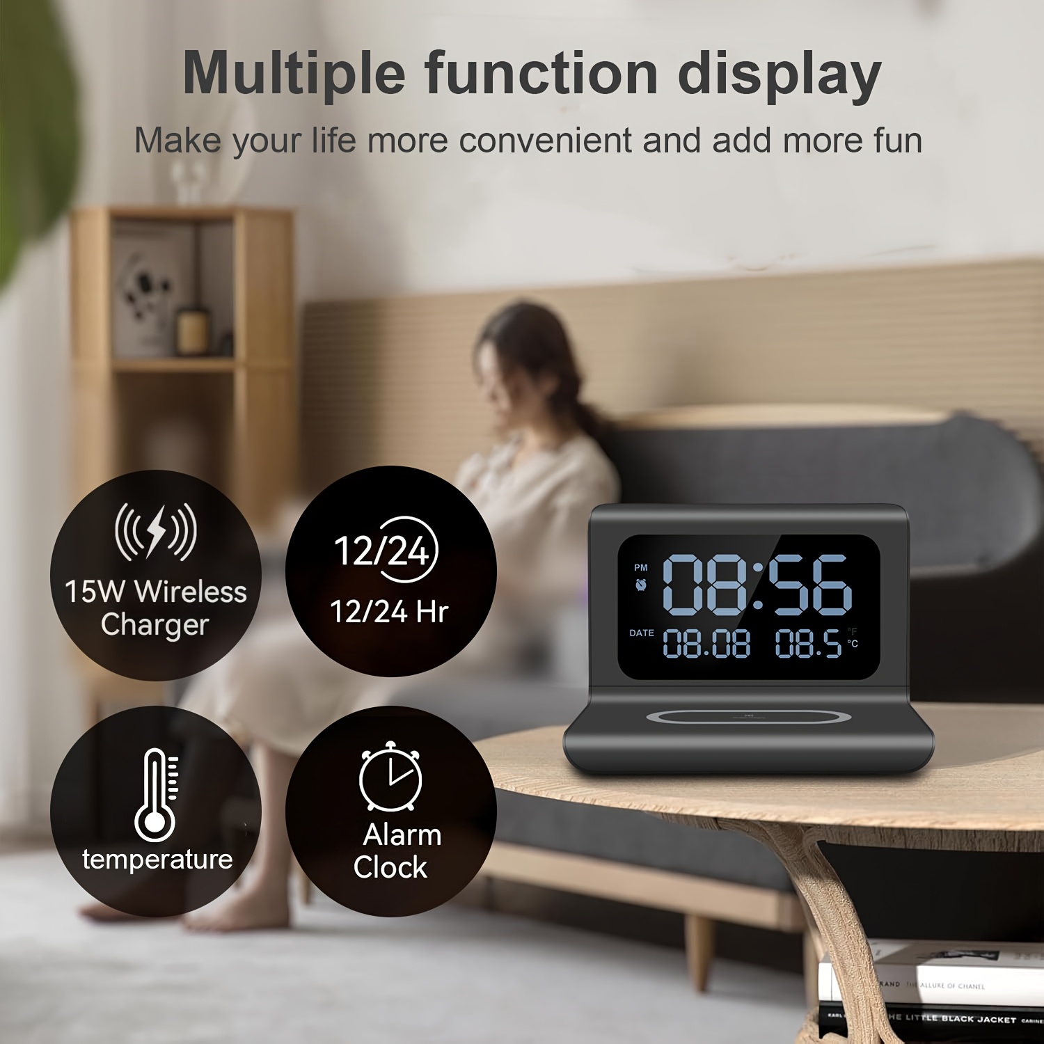 3in 1 Wireless Charger, Time Temperature Display, Alarm Clock for Bedroom Desk, Charging Dock Station for iPhone 16 15 14 13 12 11 Pro Max/Mini/Plus/XR/X/8 AirPods 2/3/4/Pro/Pro 2, AirPods 4/3/Pro/2, for Samsung S25/S23/S22/S21/S20/, Buds