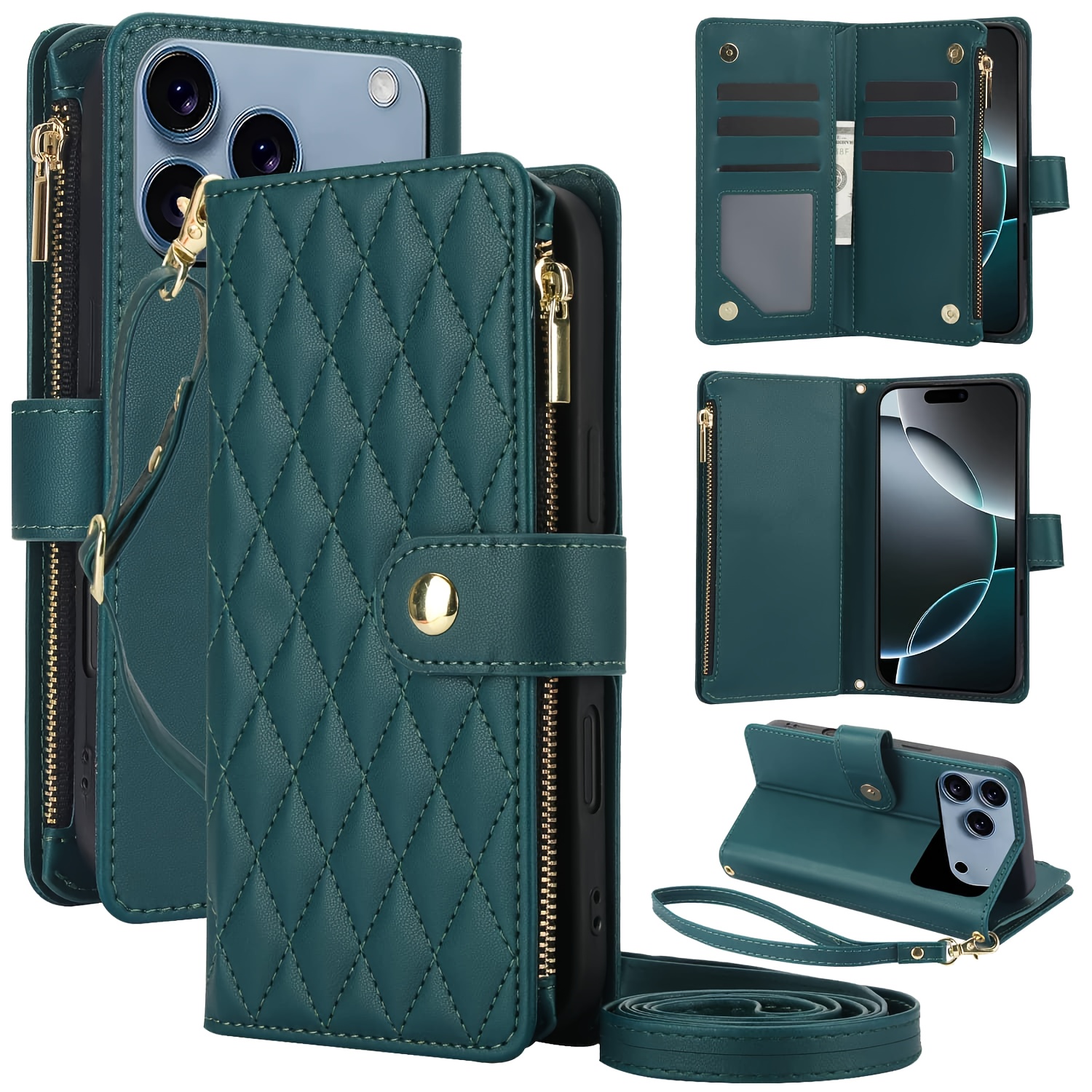 Wallet Case for iPhone 17/ 16e/ 16/ 15/ 14/ 13/ 12/ 11 Pro Max/ XR/ X/ XS/ XS Max/ 16 Plus/ 12 Mini/ 13 Mini/ SE 2020/ SE 2022/ Air 2025, Adjustable Crossbody Zipper Purse Case Card Holder with Kickstand Detachable Wrist Strap, Flip Folio Case - Image 42