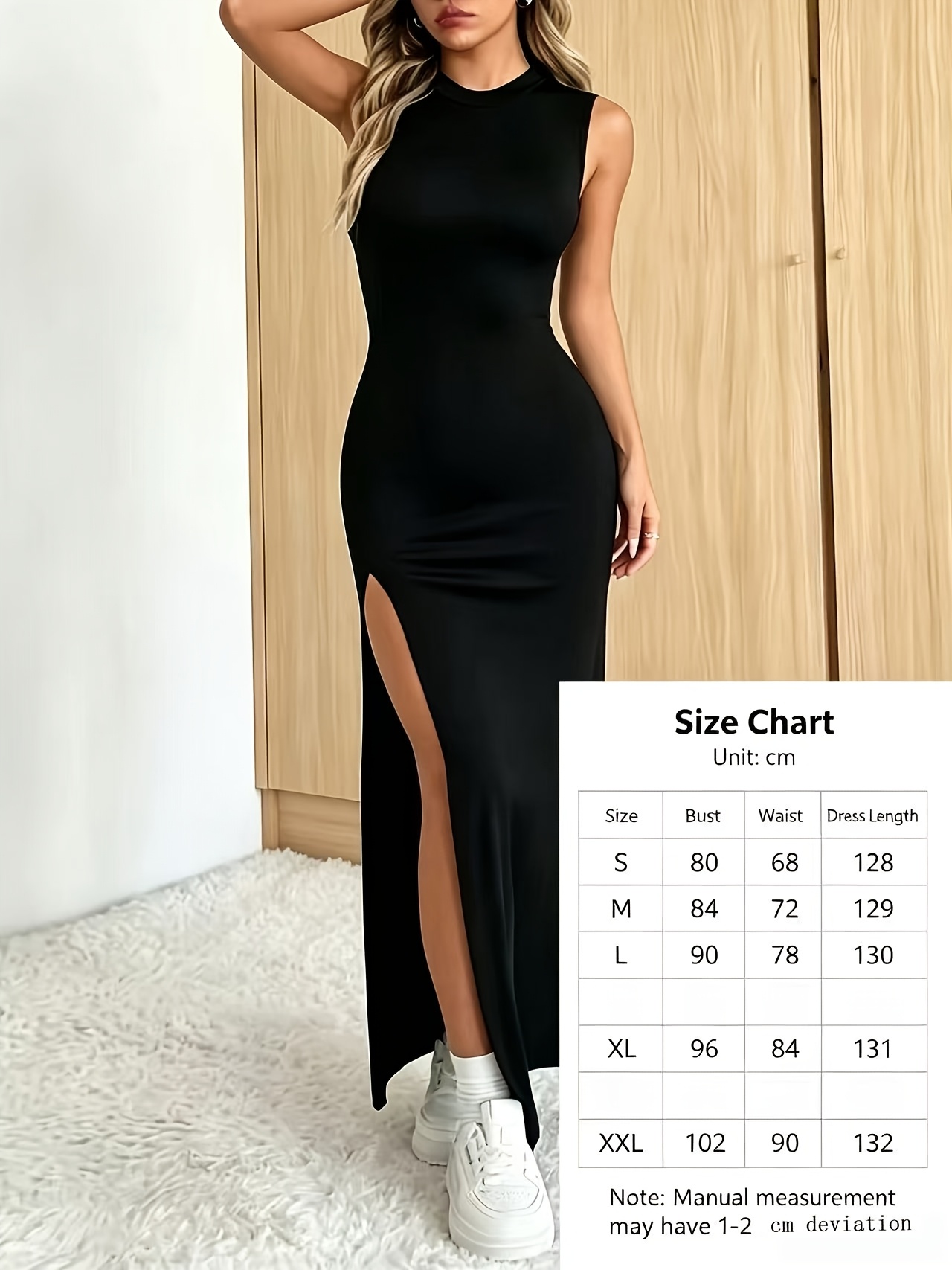 Women'S Bodycon Long Dress, Crew Neck Sleeveless, High Slit Hem, Stretchy Fabric, Slim Silhouette, Stylish, All-Season, Going Out, Clubwear, Streetwear
