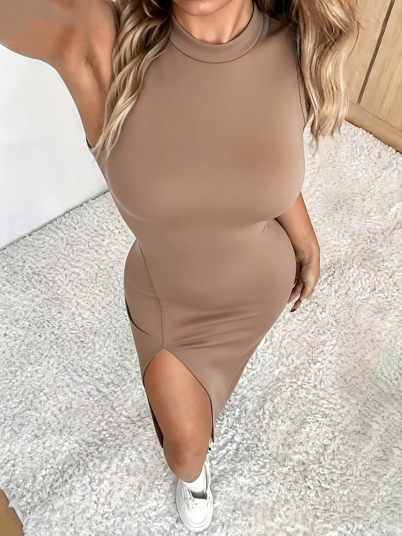 Women'S Bodycon Long Dress, Crew Neck Sleeveless, High Slit Hem, Stretchy Fabric, Slim Silhouette, Stylish, All-Season, Going Out, Clubwear, Streetwear