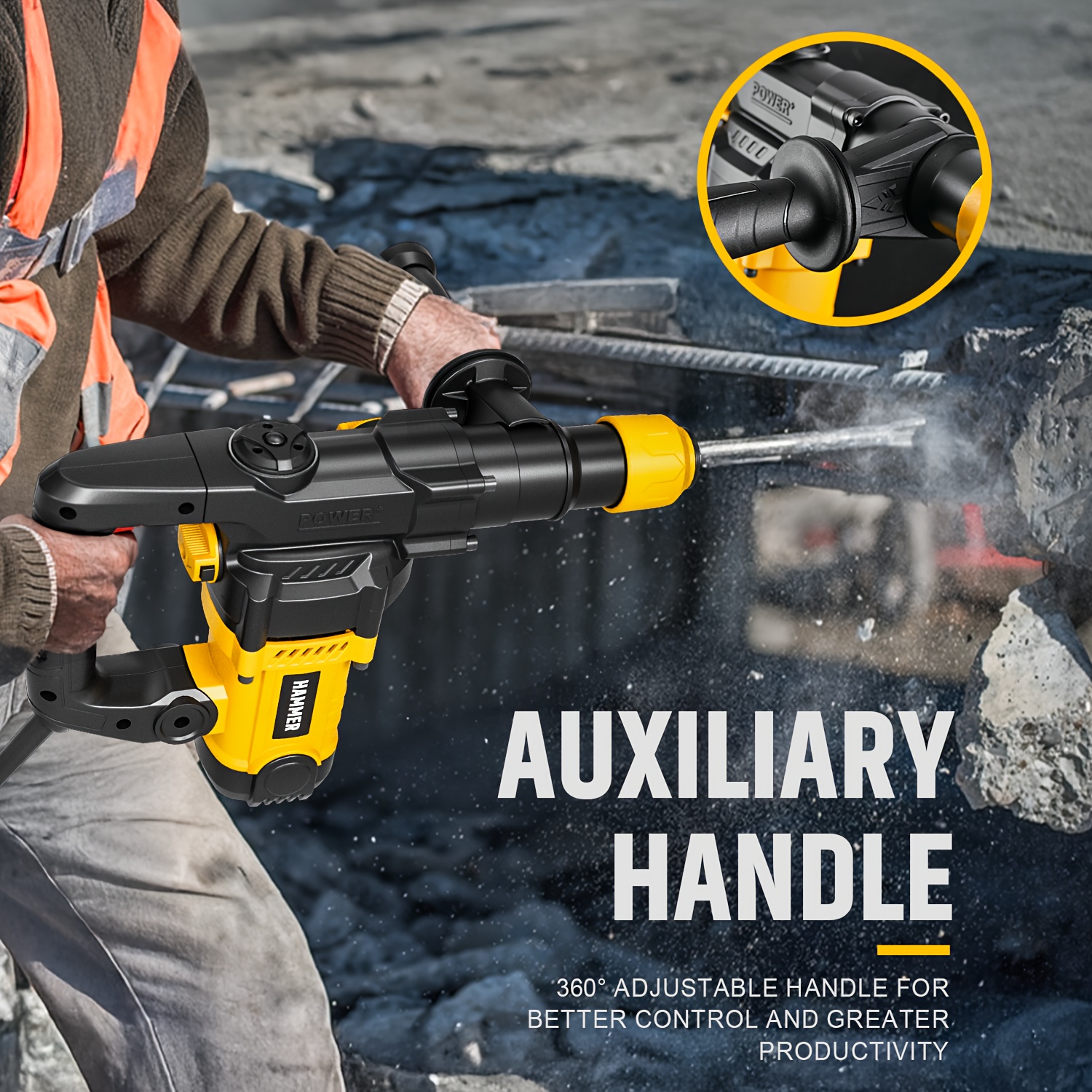 Heavy Duty Rotary Hammer Drill SDS Plus, 1 Battery/No Battery, Suitable for Concrete And Brick Walls, Dual-Mode Power Adjustment, Essential for Home Decoration And Construction, Equipped with Carry Case And Drill Bits, Great Gift for Handyman