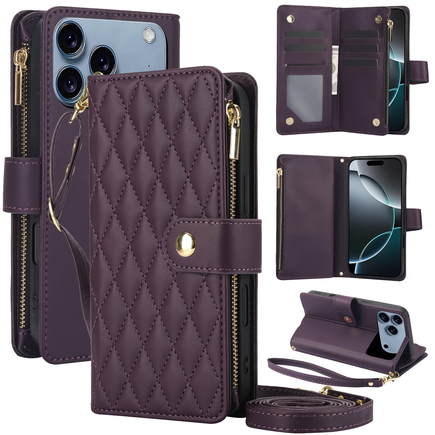 Wallet Case for iPhone 17/ 16e/ 16/ 15/ 14/ 13/ 12/ 11 Pro Max/ XR/ X/ XS/ XS Max/ 16 Plus/ 12 Mini/ 13 Mini/ SE 2020/ SE 2022/ Air 2025, Adjustable Crossbody Zipper Purse Case Card Holder with Kickstand Detachable Wrist Strap, Flip Folio Case - Image 45