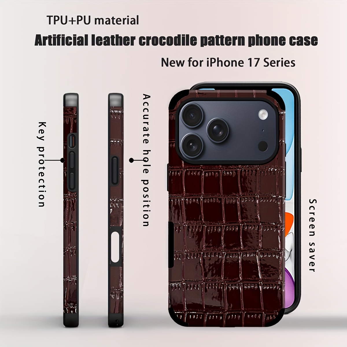 1pc of Glossy Crocodile Pattern Phone Case with Animal Design, Mirror Finish, Made of Synthetic Faux Leather, Shockproof And Sound-Transparent Design, Suitable for Iphone 17, Apple 16 Pro Max, for Iphone 11/12 Pro/13/14 Plus/15 Pro Max - Image 6