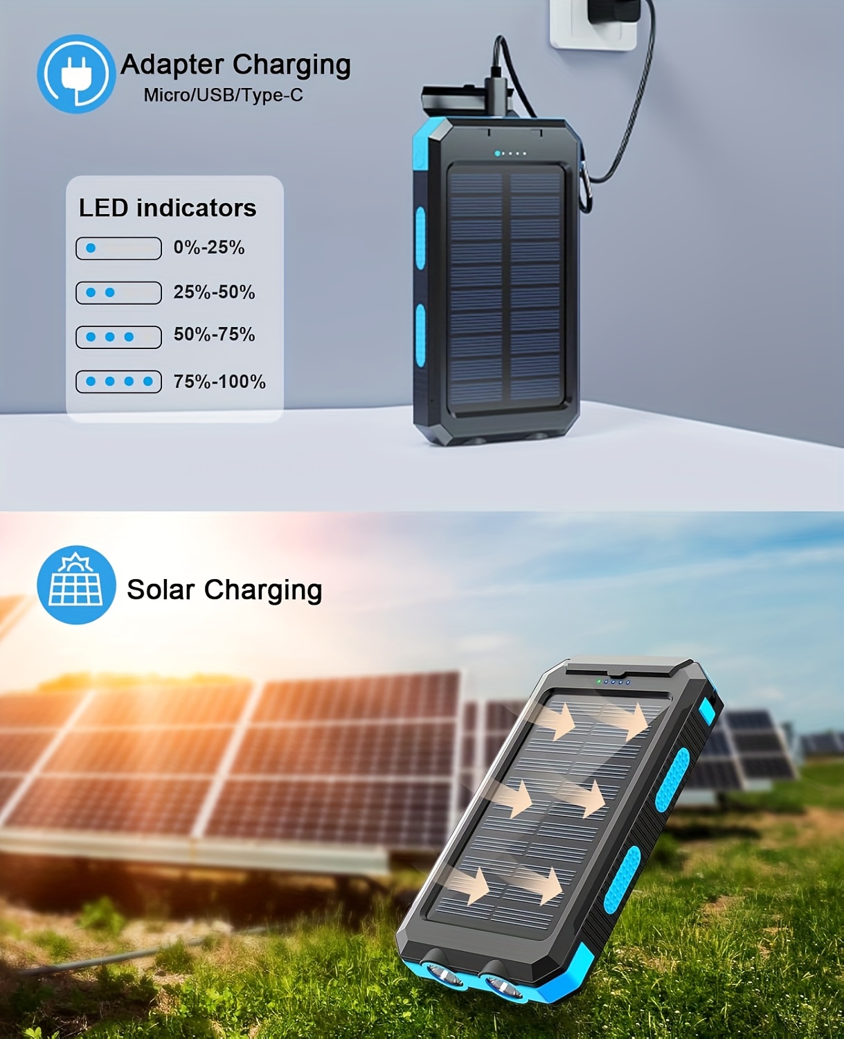 20000Mah Solar Power Bank, Solar Charger, Outdoor High-Capacity Battery Pack, Usb/Usb-C/Micro USB, Compatible with All Phones, Fast Charging, Dual LED Flashlight Compatible with Outdoor And Camping, Compass And Backpack Hook, Portable Power Bank