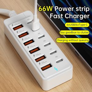 12-Port 66W USB Fast Charging Station, High-Speed Charging, 6× Type-C PD + 6× USB-A Ports, Compact Design, Suitable for Laptops/Tablets/Multiple Devices, Workspace Power Hub, Designed for Tech Enthusiasts, Holiday Gift