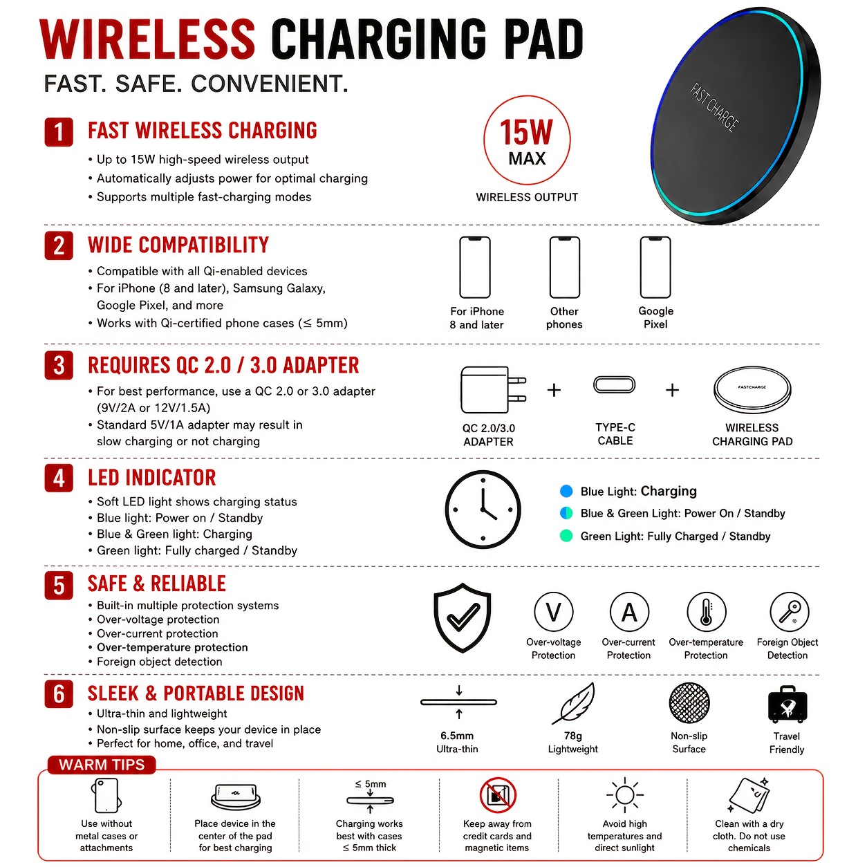 15W Wireless Charger, Suitable for Iphone 17 16 15 14 13 12 11 Pro Max, Other Phones, Inductive Wireless Charging Board, USB Type-C, Very Suitable for Office, Home, Travel, Black And White, Exquisite And Compact, Round And Lightweight Design