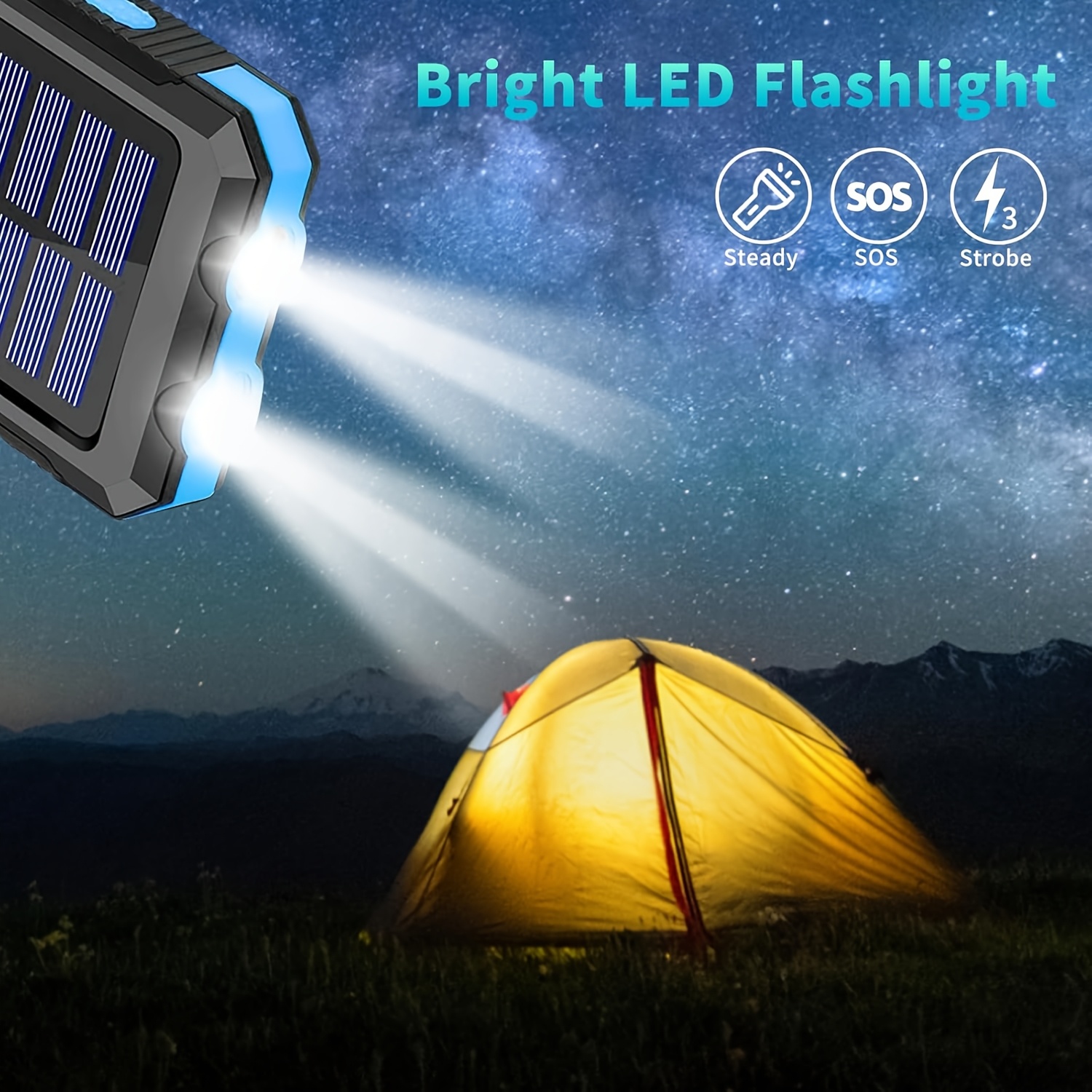 20000Mah Solar Power Bank, Solar Charger, Outdoor High-Capacity Battery Pack, Usb/Usb-C/Micro USB, Compatible with All Phones, Fast Charging, Dual LED Flashlight Compatible with Outdoor And Camping, Compass And Backpack Hook, Portable Power Bank