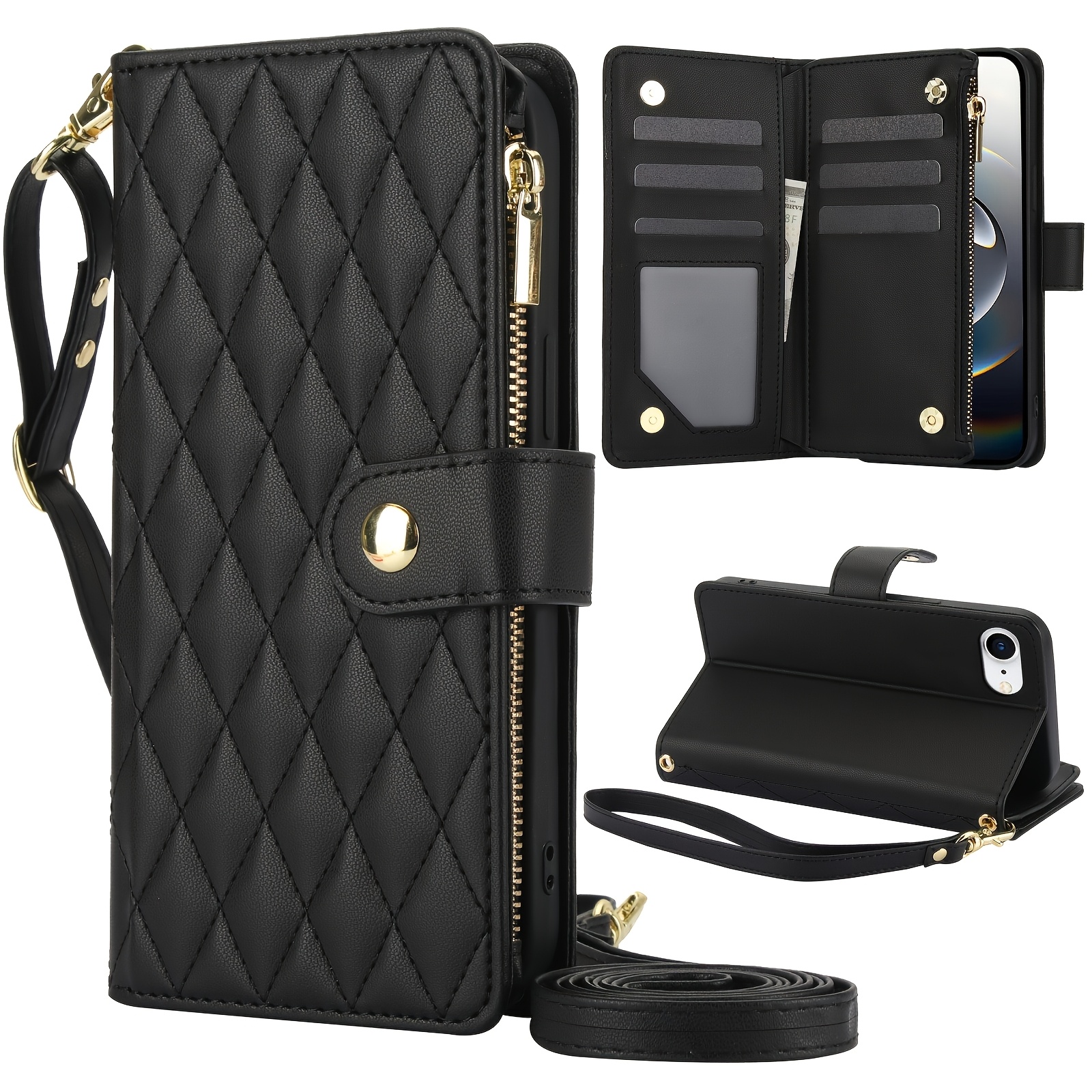 Wallet Case for iPhone 17/ 16e/ 16/ 15/ 14/ 13/ 12/ 11 Pro Max/ XR/ X/ XS/ XS Max/ 16 Plus/ 12 Mini/ 13 Mini/ SE 2020/ SE 2022/ Air 2025, Adjustable Crossbody Zipper Purse Case Card Holder with Kickstand Detachable Wrist Strap, Flip Folio Case - Image 60