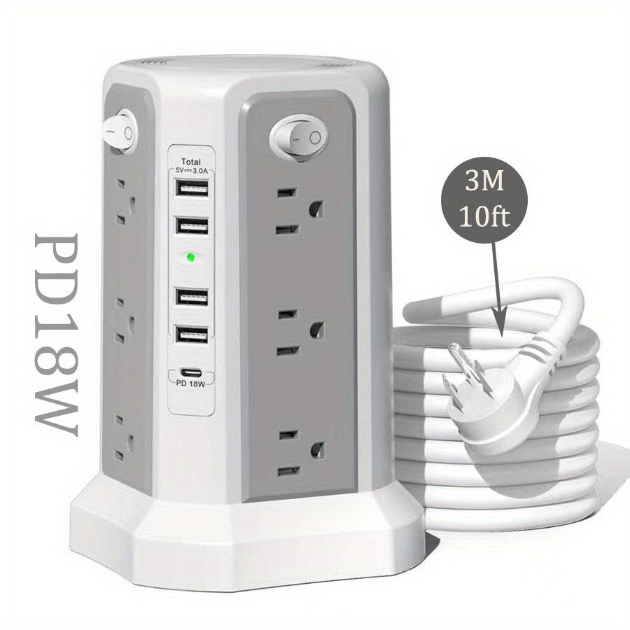 10ft/6ft Extension Cord with Multiple Outlets, 17in 1 Surge Protector, Power Board with USB Ports, 5 USB Interfaces, PD18W/20W Fast Charging, with A Night Light Multi Plug Outlet Charging Station, Suitable for Home Office And Dormitory Use - Image 3