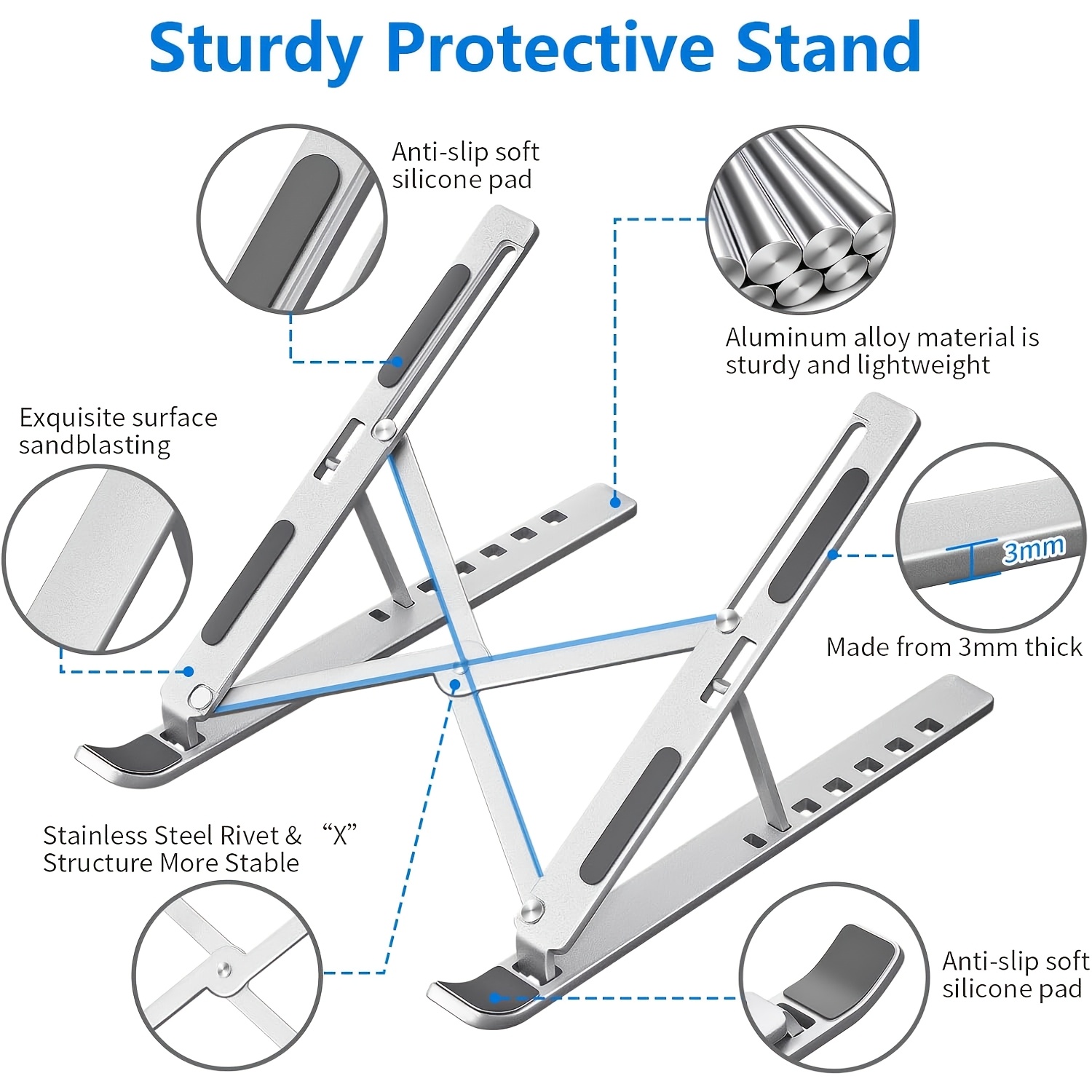 Laptop Stand for Desk, Aluminum Metal Macbook Stand. Computer Riser for Desk, Portable Foldable Adjustable Notebook Holder, Compatible with 10-15.6 Inch Laptops, Ipad