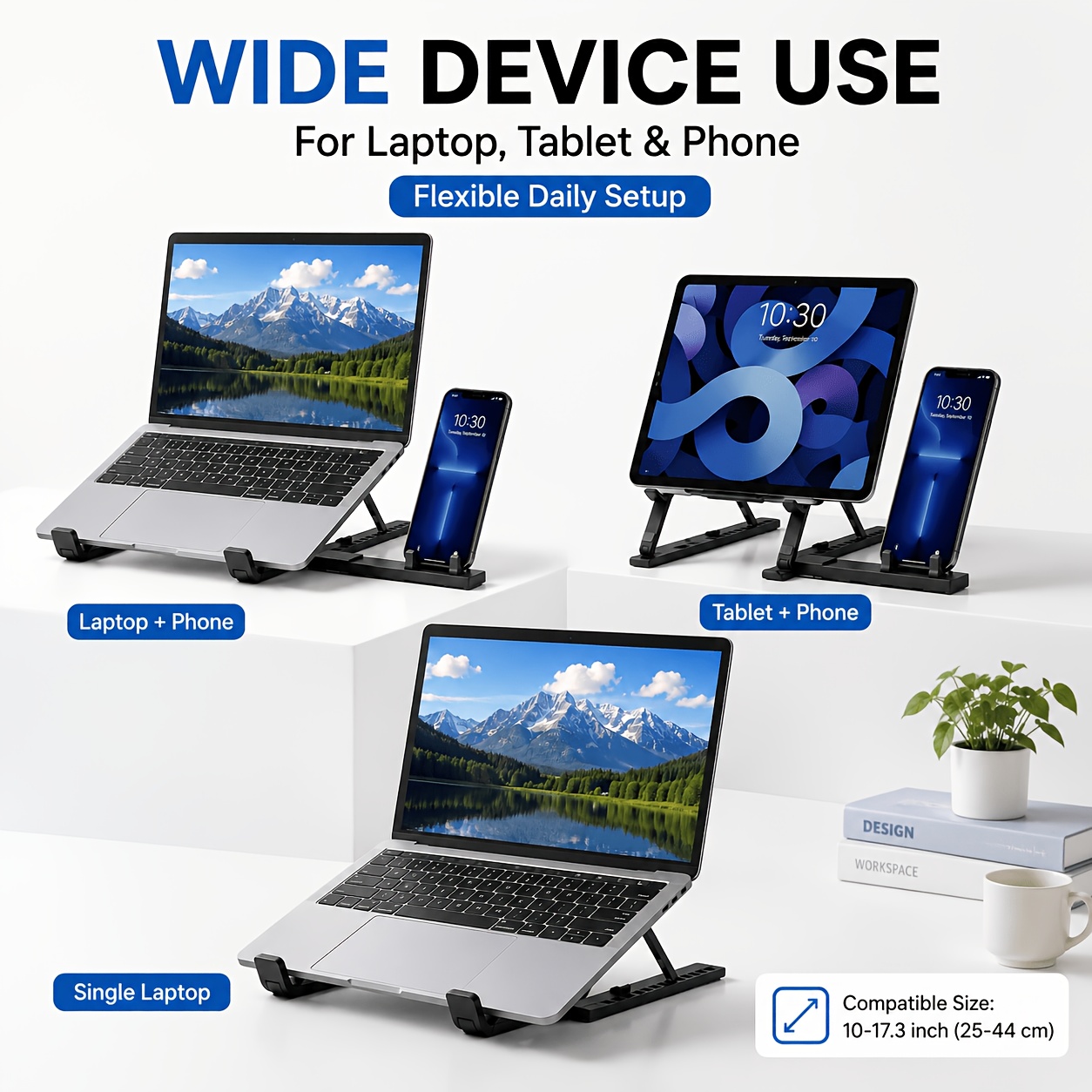 3-in-1 Laptop Tablet Phone Stand, 360° Rotatable Foldable Desktop Holder, Multi-Angle Adjustable Lightweight Portable Stand, Compatible with Smartphones, Tablets & Laptops