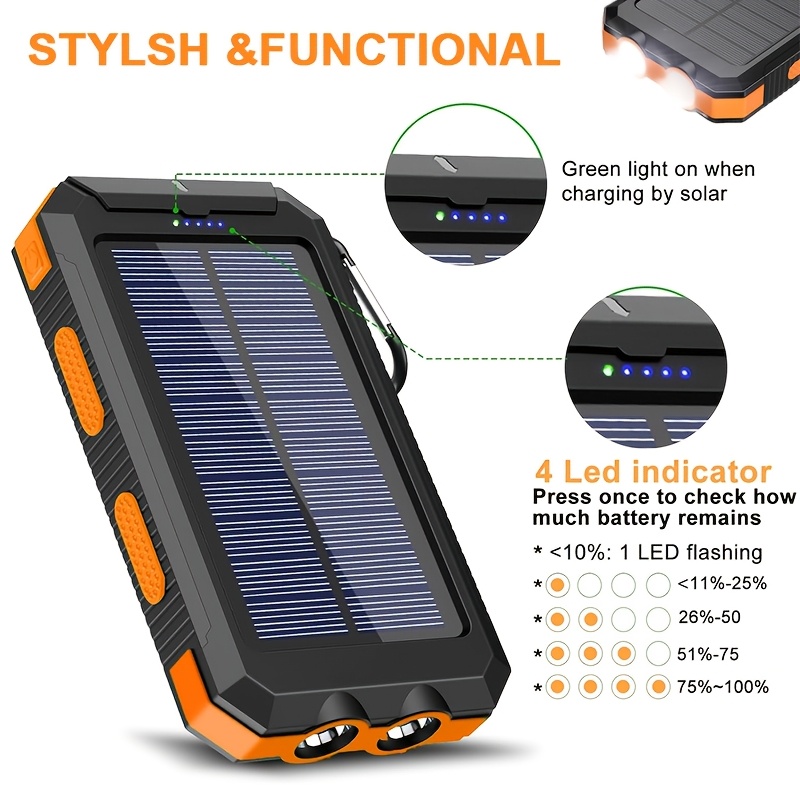 Solar Charger, 10000mAh Solar Mobile Power Bank, External Spare Battery Pack with USB C Input/output/LED Flash, Compatible with Samsung, iPad, Outdoor, Camping with Dual USB Ports Built-in LED and Compass, Suitable for All Phones