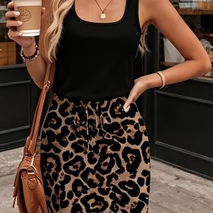 Women'S Square Neck Sleeveless Vest Patchwork Leopard Print Elegant Dress, Waist Fake Drawstring, Commute, Outing, Party, Beach, Women'S Clothing