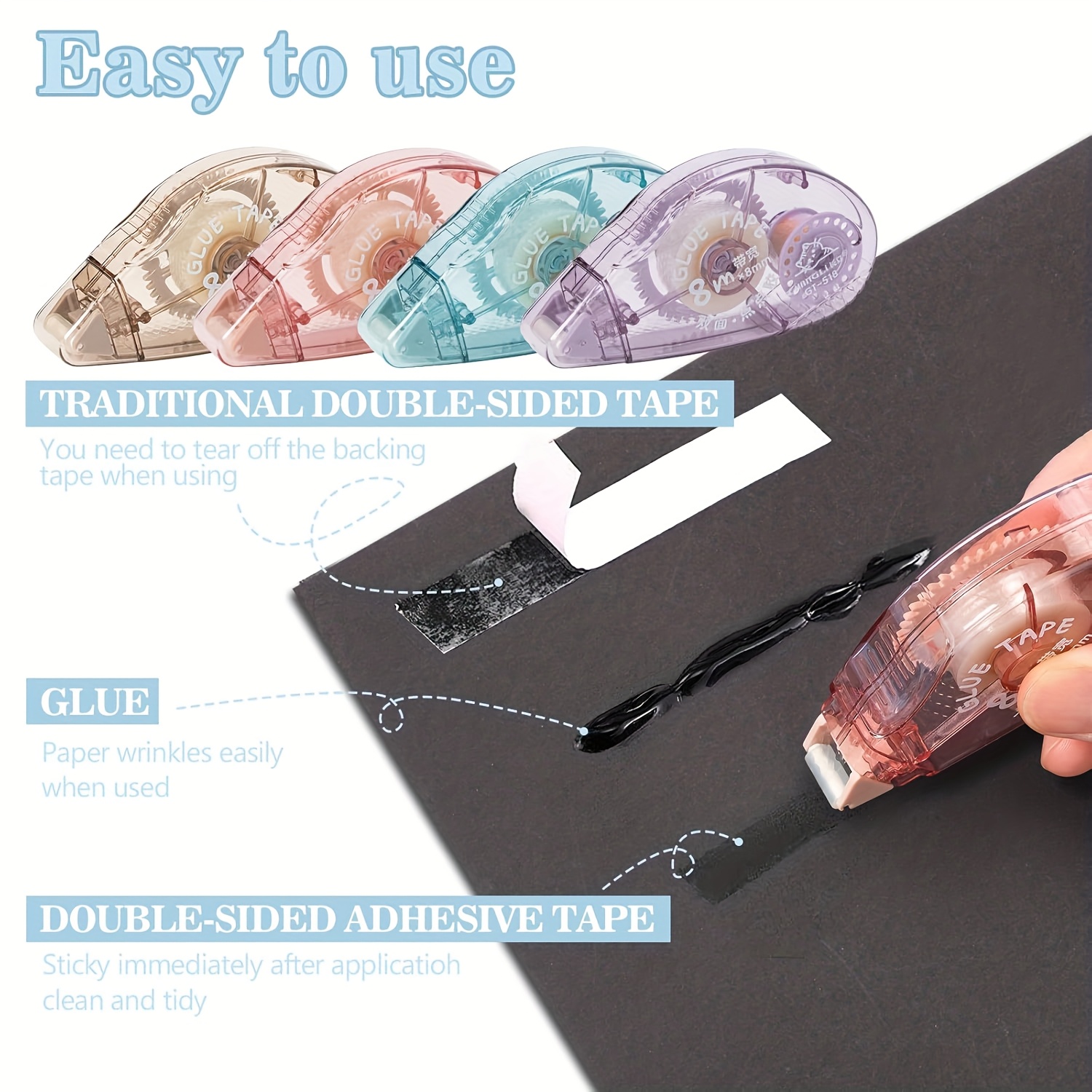 Non-Waterproof PE Material - 4-Pack Double-Sided Tape Rollers - Plastic Surface Compatible Adhesive Craft Tape - For Scrapbooking, School, Office Journaling Supplies