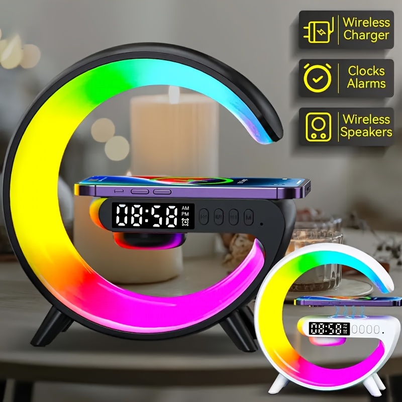 Multi-Function Wireless Charger Stand Fast Wireless Charging Station for iPhone 17 16 15 for Samsung HD Audio Subwoofer Portable Wireless Speaker Alarm Clock Colour LED Night Light RGB Light Bedside Lamp Christmas And Halloween Gifts
