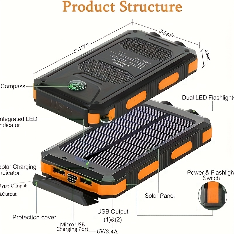 10000/20000Mah Solar Power Bank, External Backup Battery Pack with USB C Input/Output/Led Flashlight, Compatible with Samsung, Ipad, Suitable for Outdoor And Camping Quick Charger with Dual USB Ports, Built-In LED And Compass, Compatible with All - Image 6