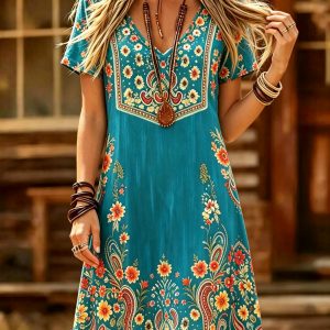 Women'S Summer New Short Sleeve Dress, Retro Bohemian Ethnic Style V-Neck Vacation Style Short Sleeve Dress, Mid-Length A-Line Dress, Elastic And Machine Washable